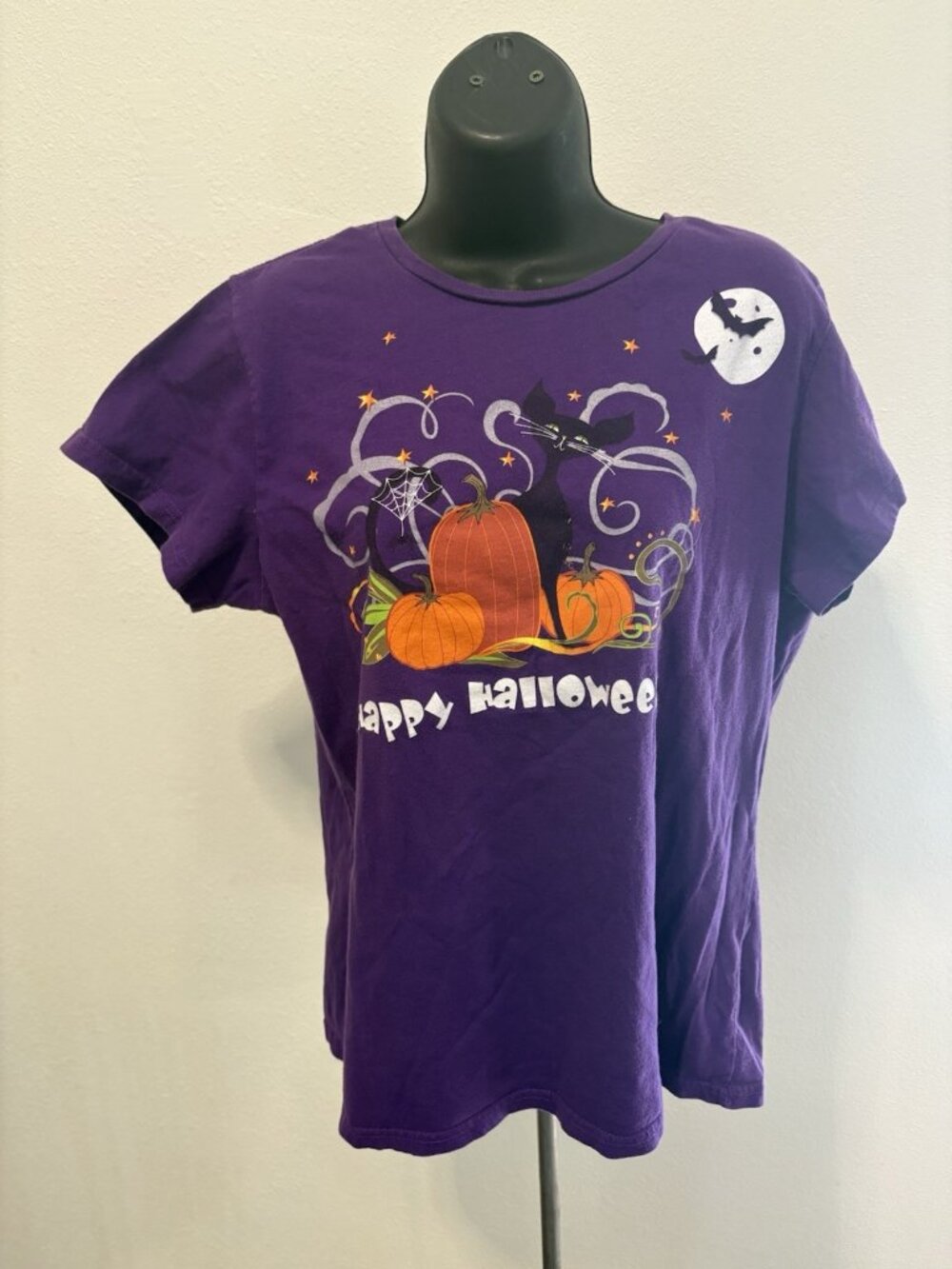 Happy Halloween Graphic Print T-Shirt Womens XL Black Cat Bat Pumpkins Holiday